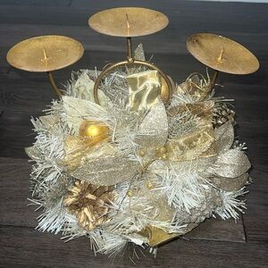 Gold Holiday three tier candle holder with glitter and ribbon